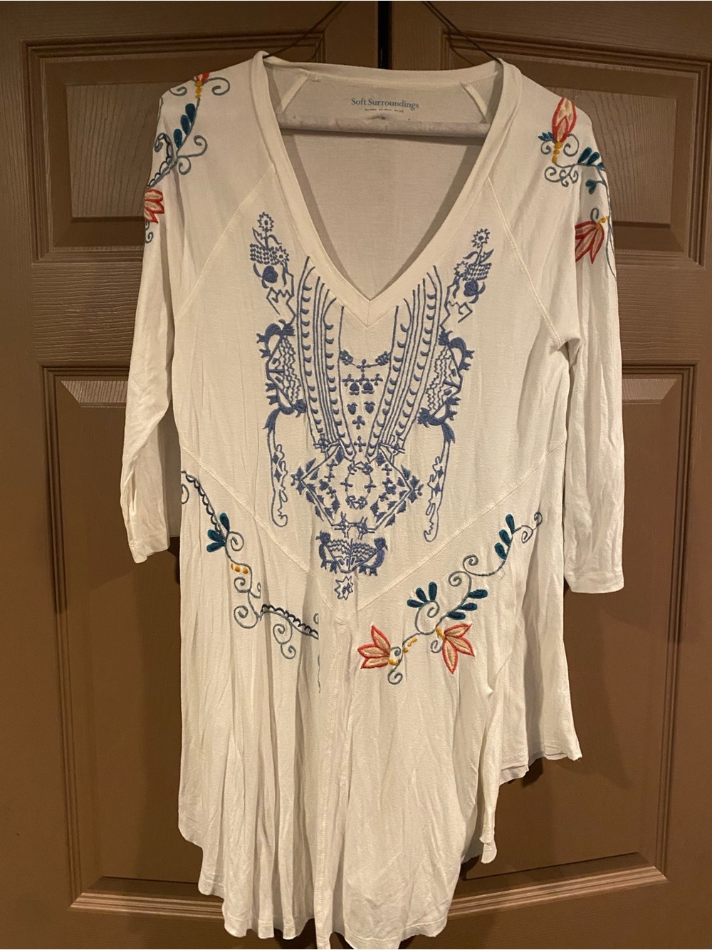 Soft Surroundings White Tunic with Blue and Multicolor Floral Embroidery